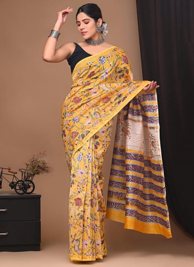 Chanderi Silk Yellow Festival Wear Printed Saree